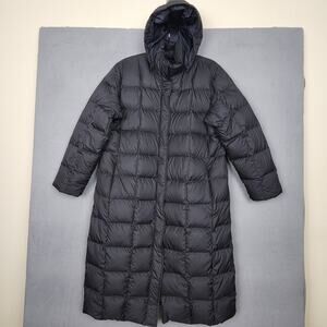 Lands End Goose Down Puffer Coat Large 14-16 Black Hooded Long Quilted Parka